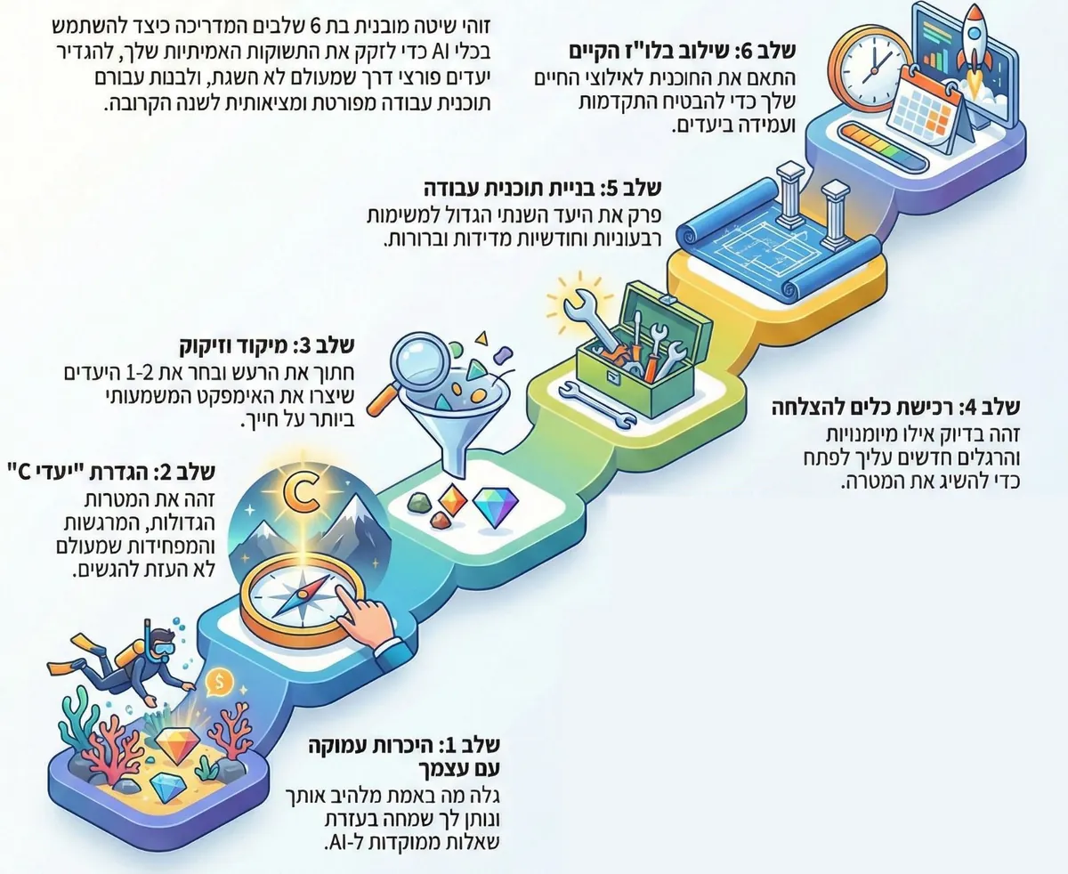 אינפוגרפיקה: 6 שלבי השיטה, מהיכרות עמוקה עם עצמך ועד שילוב בלו"ז הקיים
